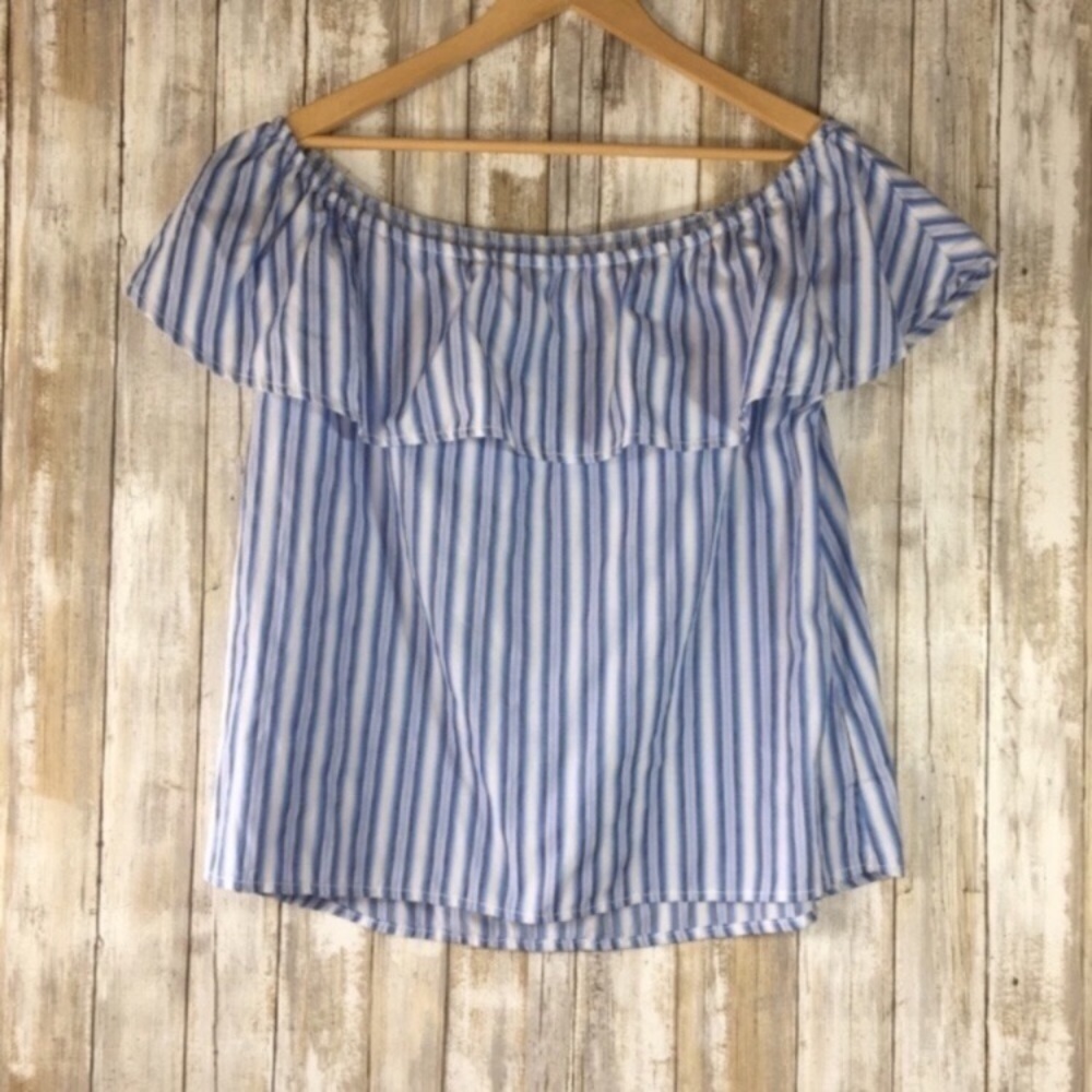 Altar’d State Blue Striped Ice Cream Social Off The Shoulder Blouse - Picture 2 of 5